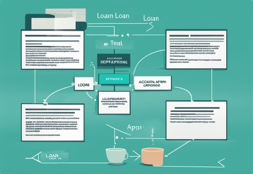 Illustration eines modernen digitalen Flussdiagramms in Teal, das zeigt, wie funktioniert ein Kredit von der Antragstellung über die Genehmigung bis zur Rückzahlung.