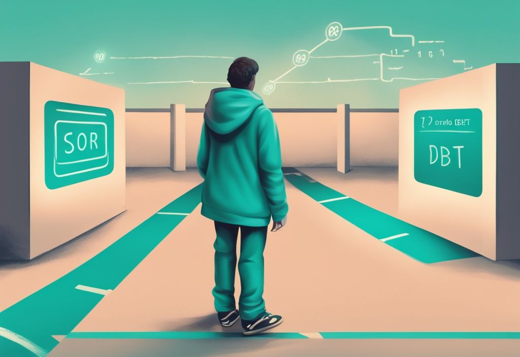 Moderne digitale Illustration in Teal: Verwirrte Person steht vor zwei Wegen, einer markiert mit 'Kreditwürdigkeit' und der andere mit 'Schulden', und zeigt das Dilemma, wie viel Kredit bekomme ich.