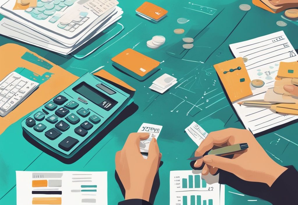 Moderne digitale Illustration in Türkis: Person benutzt Taschenrechner, umgeben von Kreditkarten und Notizbuch mit Finanzdiagrammen, die den Prozess zeigen, wie berechnet man Zinsen Kredit.