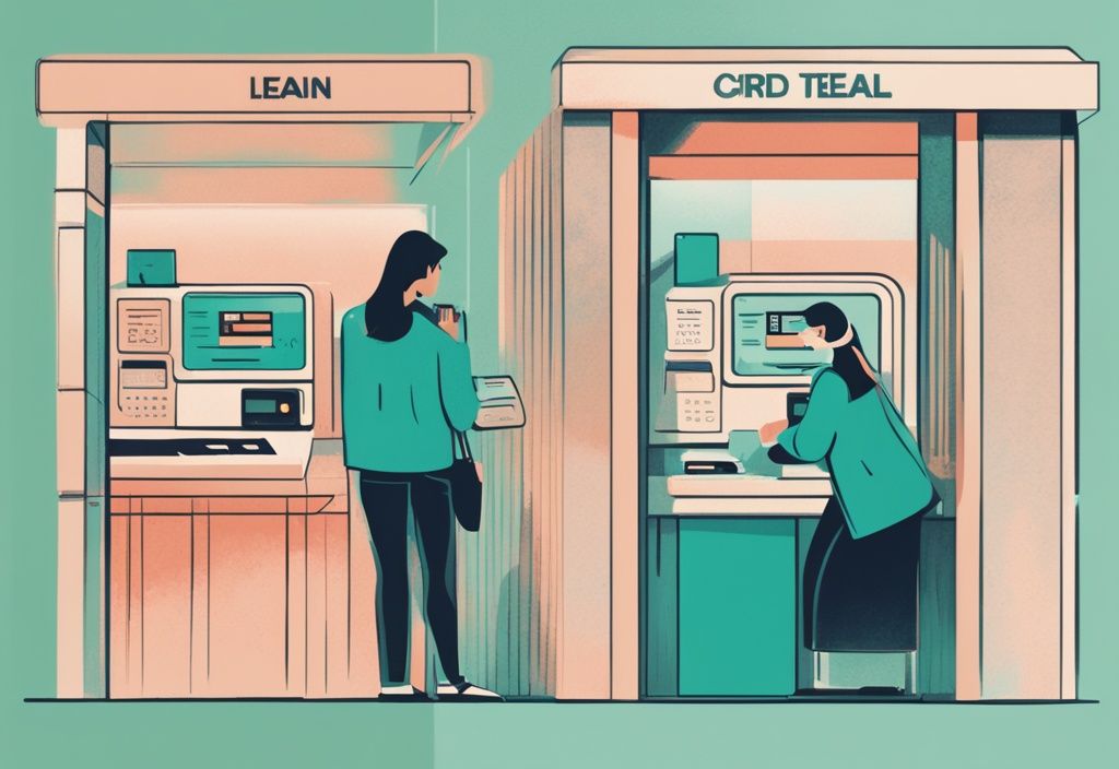 Moderne digitale Illustration in Teal: Links eine Person, die einen großen Geldbetrag von einer Bank erhält (Darlehen); Rechts eine Person, die eine kleine Anschaffung mit einer Kreditkarte tätigt (Kredit).