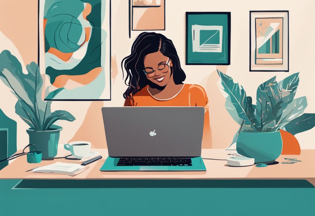 Moderne digitale Illustration einer Person, die ihre nahtlose und effiziente Duratio Kredit Erfahrung auf einem modernen Laptop in einem gemütlichen Home-Office überprüft, Hauptfarbe Teal.