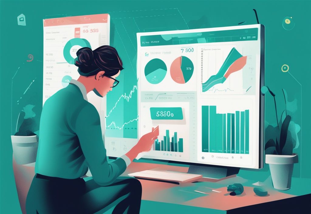 Moderne digitale Illustration einer Person, die ein Diagramm mit verschiedenen Prozentsätzen analysiert, symbolisiert unterschiedliche Zinssätze für Kredite, Hauptfarbe Türkis.