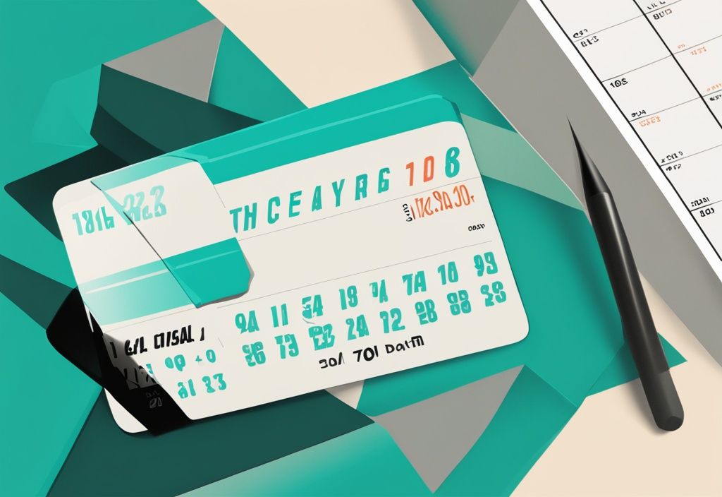 Moderne digitale Illustration in Teal-Tönen, zeigt zerschnittene Kreditkarte und Kalender mit markiertem Datum im Hintergrund