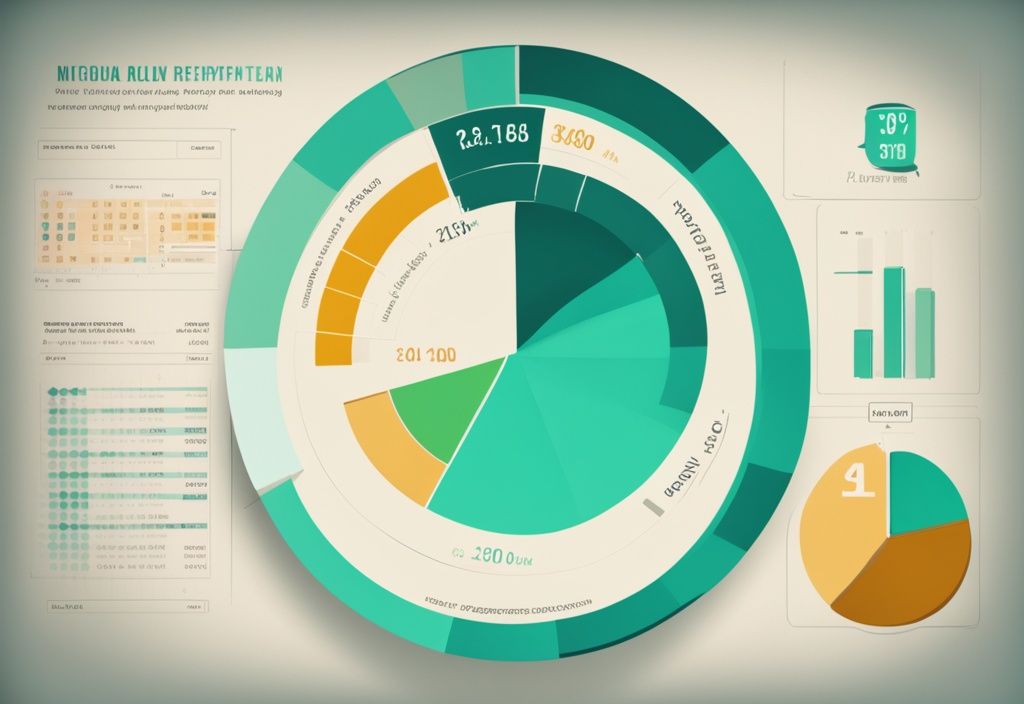 Moderne digitale Illustration in Teal mit einem Kreisdiagramm, das zeigt, wie viel Prozent vom Gehalt für Kredit verwendet werden.