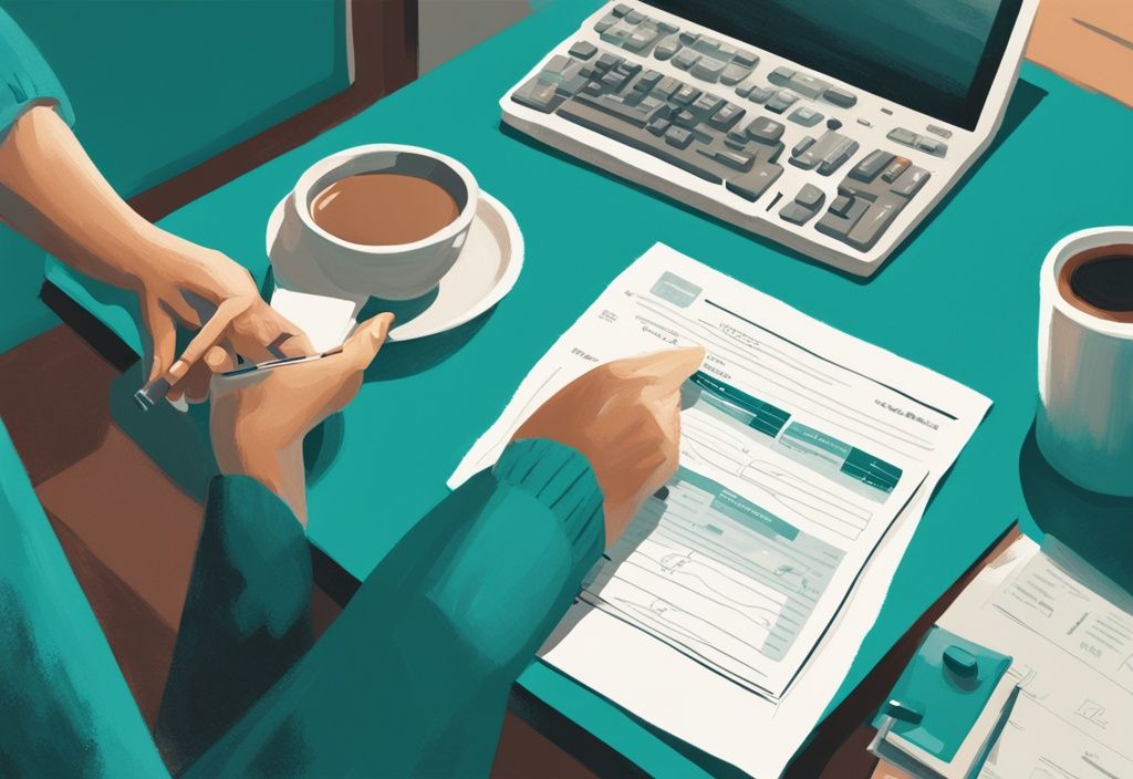 Moderne digitale Illustration in Teal: Hausbesitzer studiert Finanzierungsdokument, mit Taschenrechner und Kaffeetasse auf dem Tisch, symbolisiert Berechnung der Hypothekenzinsen für Eigenheim.