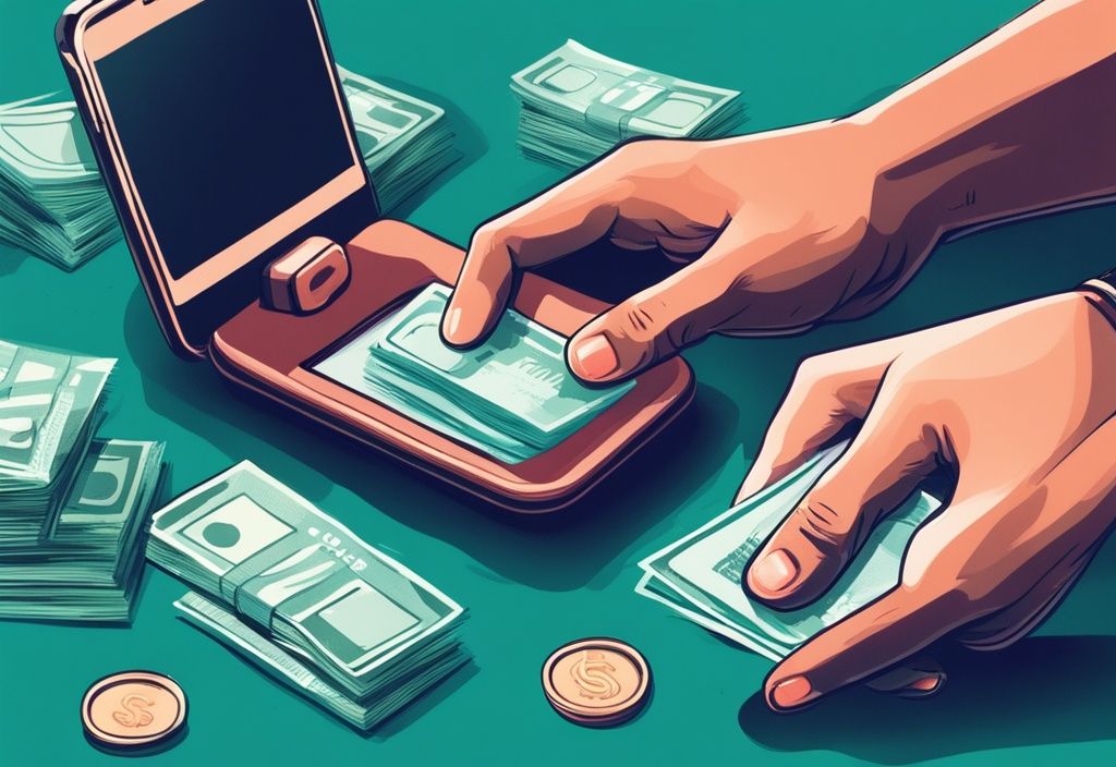 Moderne digitale Illustration mit Teal-Farbschema: Hände halten ein Smartphone mit Benachrichtigung über erfolgreiche Kredittransaktion, im Hintergrund Münzen und Banknoten. Keyword: Kredit wurde ausgezahlt wann auf Konto.