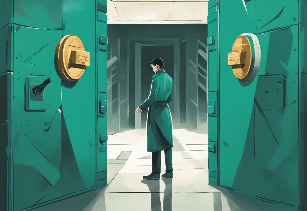 Eine moderne digitale Illustration in Teal-Tönen zeigt eine Person vor einem verschlossenen Tresor oder einer Bank, die eine zerbrochene Kreditkarte in den Händen hält, symbolisierend den Moment, ab wann bekommt man keinen Kredit mehr.