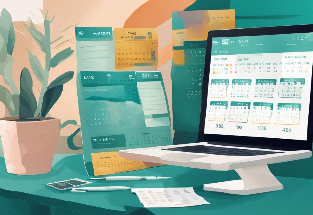 Moderne digitale Illustration in Teal-Farben zeigt einen Kalender mit Zeitachse der Bearbeitungsstufen eines Online-Kreditantrags bei Targobank - Targobank Online Kredit wie lange dauert die Bearbeitung.