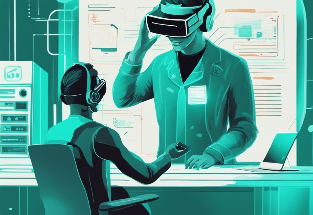 Kunde interagiert mit futuristischer VR Bank Kredit Schnittstelle und überprüft seine Kreditinformationen, modernes digitales Gemälde in Teal-Farbtönen.