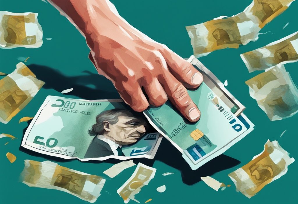 Moderne digitale Illustration in Teal: Hände ringen ängstlich mit zerknitterten Euro-Banknoten, verschwommene Kreditkarte und bröckelndes Euro-Symbol im Hintergrund; was passiert mit meinem Kredit wenn der Euro zerbricht