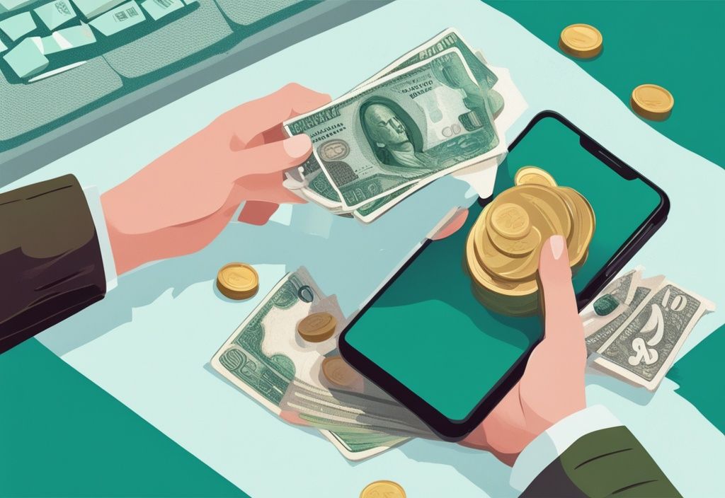 Moderne digitale Illustration in Teal: Hände halten Smartphone mit erfolgreicher Kredit-Transaktionsbenachrichtigung, Münzen und Banknoten im Hintergrund - Kredit wurde ausgezahlt wann auf Konto.