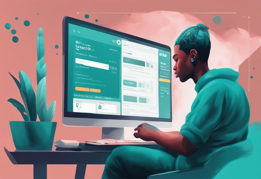 Person am Computer auf der Postbank Online-Banking-Seite mit Kreditübersicht, digitale Illustration in Teal-Farben