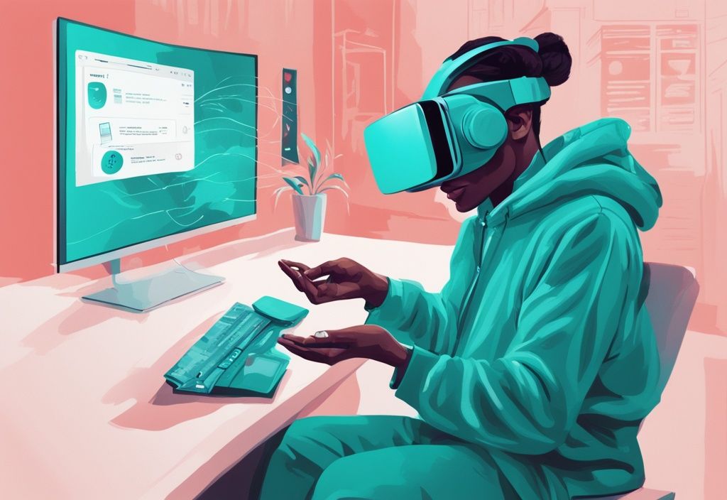 Person mit VR-Headset zeigt verschiedene Bankkreditoptionen und Profile, modernes digitales Gemälde in Teal-Tönen