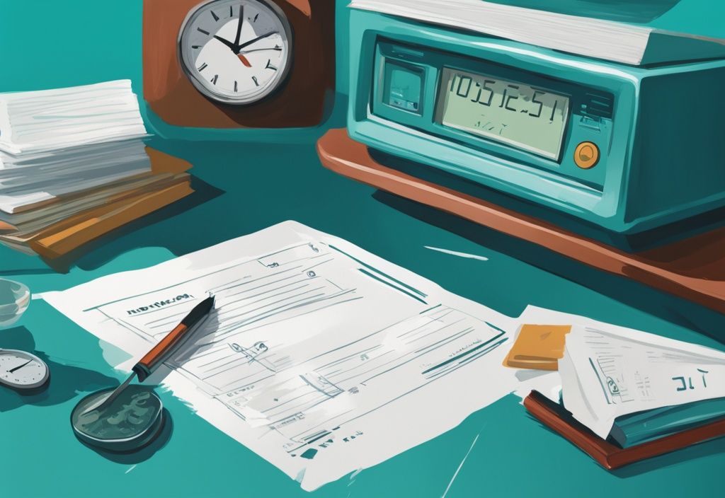 Moderne digitale Illustration in Teal-Tönen mit einer analogen Uhr, die 'Dauer von Kreditauszahlung bei der Volksbank' vom 'Kreditzusage' bis zur 'Auszahlung' auf einem Schreibtisch voller Papiere zeigt.