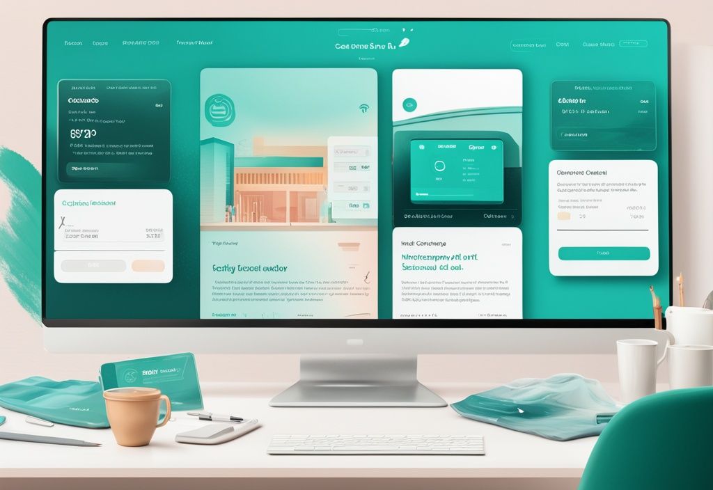 Moderne digitale Illustration in Teal-Tönen, die die Comdirect Kredit-Homepage auf einem digitalen Bildschirm zeigt, mit klarer Ansicht der verschiedenen Kreditoptionen und Dienstleistungen.