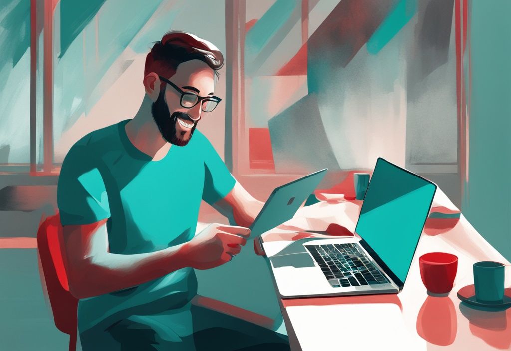 Zufriedener Kunde bewertet positive Santander Kredit Erfahrungen auf Laptop, Santander App im Hintergrund, moderne digitale Illustration in Teal.