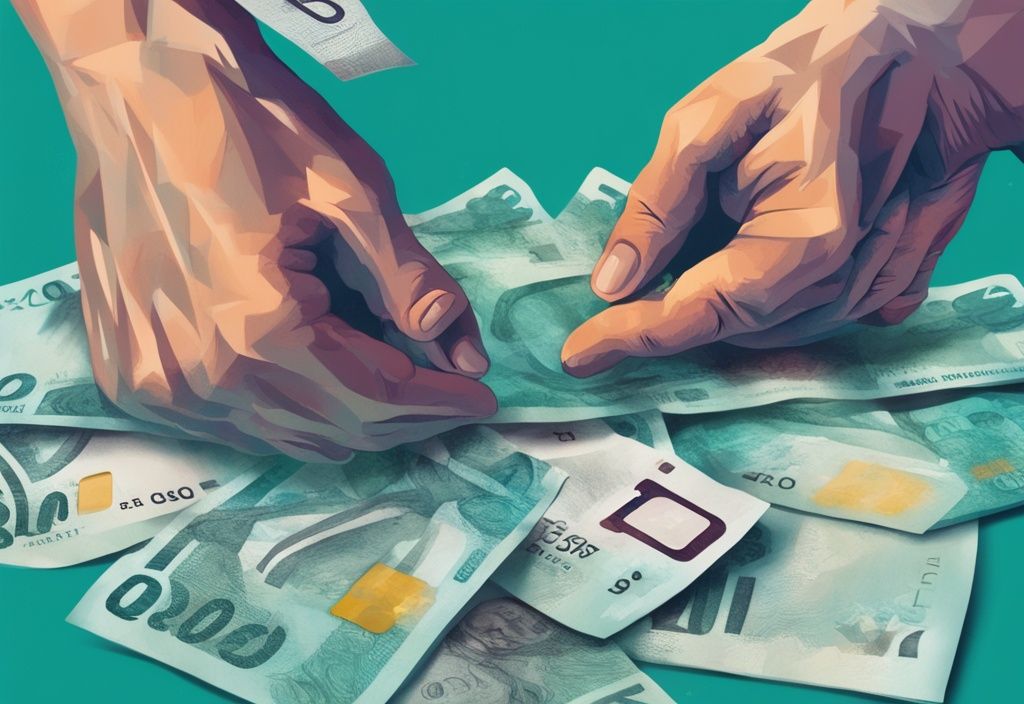 Moderne digitale Illustration in Teal: Hände ringen ängstlich mit zerknitterten Euro-Banknoten, unscharfe Kreditkarte und zerbröckelndes Euro-Symbol im Hintergrund - was passiert mit meinem Kredit wenn der Euro zerbricht