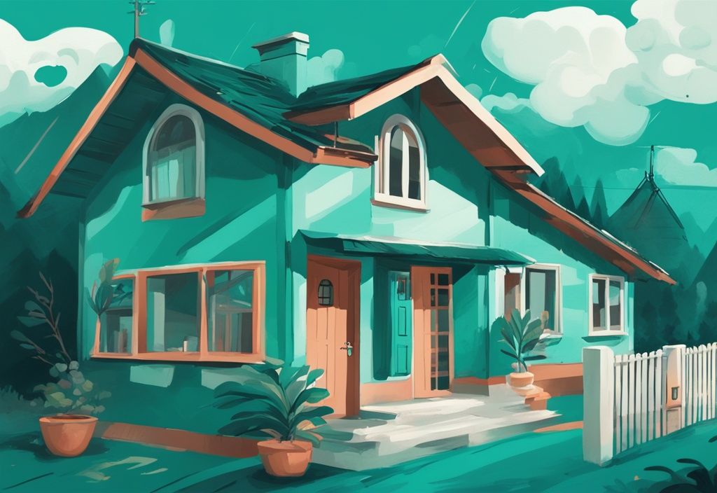 Moderne digitale Illustration mit Teal-Farbschema, verschiedene Banklogos neben einem charmanten ausländischen Cottage, symbolisierend Kreditangebote für Auslandsimmobilien.