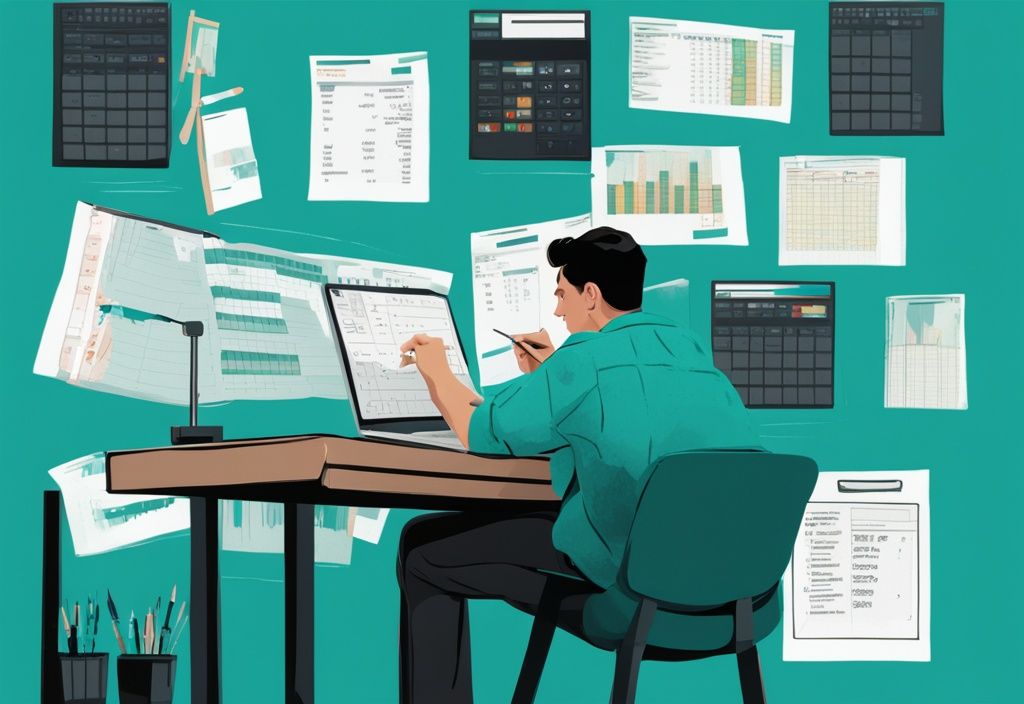 Moderne digitale Illustration in Türkis: Azubi analysiert eine Tabelle mit verschiedenen Kreditbeträgen - wie viel Kredit als Azubi?