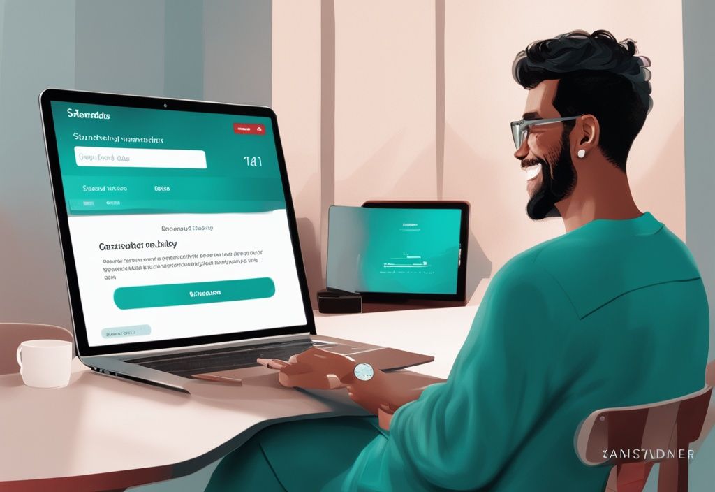 Zufriedener Kunde überprüft positive Santander Kredit Erfahrungen auf seinem Laptop mit Santander App im Hintergrund, moderne digitale Illustration, Hauptfarbe Teal.