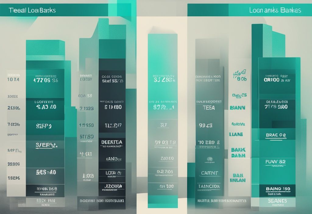 Vergleichsdiagramm von Banken mit Fokus auf die Bank mit den niedrigsten Zinsen bei Kredit, moderne digitale Illustration in Türkis, welche Bank hat die niedrigsten Zinsen bei Kredit.