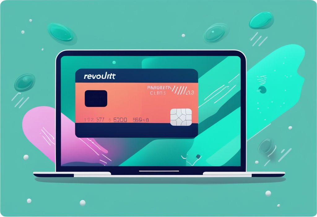 Moderne digitale Illustration mit einem Revolut Kreditkarte, umgeben von Indikatoren für Kreditwürdigkeit und finanzielle Voraussetzungen, Hauptfarbe Teal, Revolut Kredit Voraussetzungen.