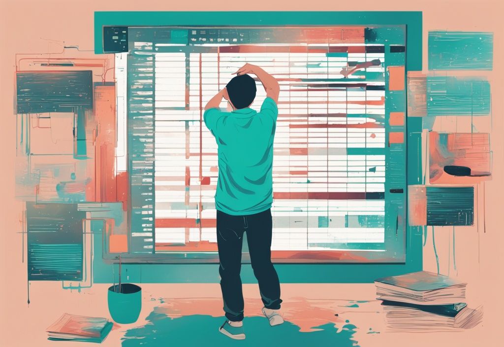 Moderne digitale Illustration mit Teal-Farbschema, Diagramm zur Rückzahlung eines Kredits über 100.000 mit jährlichen Markierungen, kleine Figur kratzt sich verwirrt am Kopf, Kredit 100.000 wie lange abzahlen.