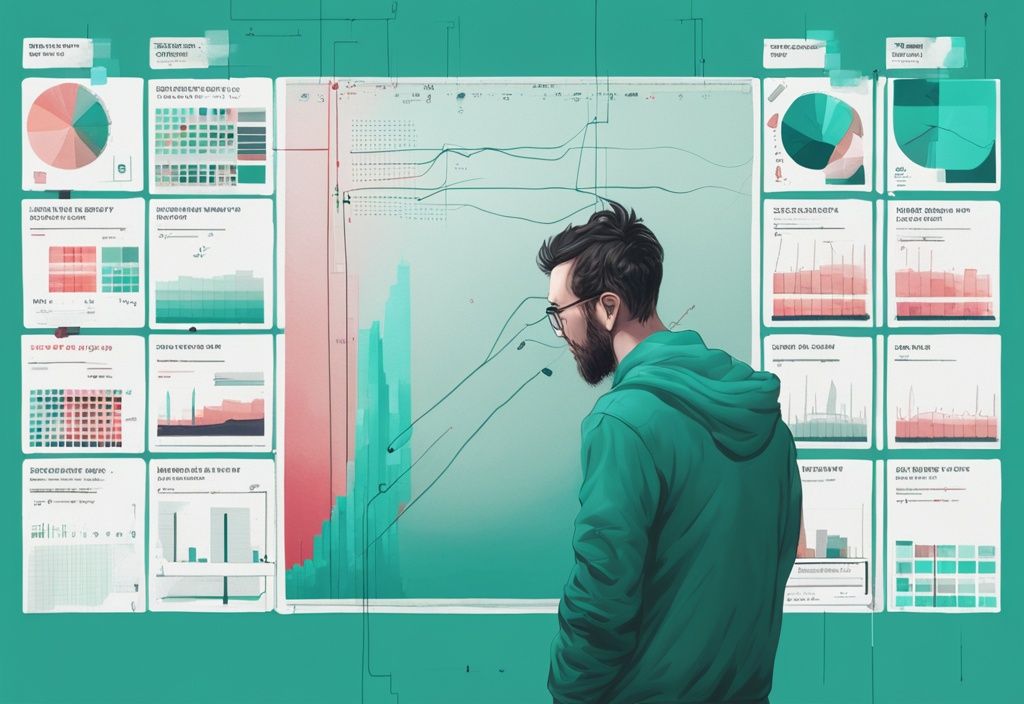 Moderne digitale Illustration in Türkis mit einer großen, gut lesbaren Grafik in der Mitte, die verschiedene Zeitpläne zur Rückzahlung eines Kredits von 100.000 in verschiedenen Farben darstellt, mit Markierungen für jährliche Intervalle und einer kleinen Figur, die sich verwirrt am Kopf kratzt. Keyword: Kredit 100.000 wie lange abzahlen.