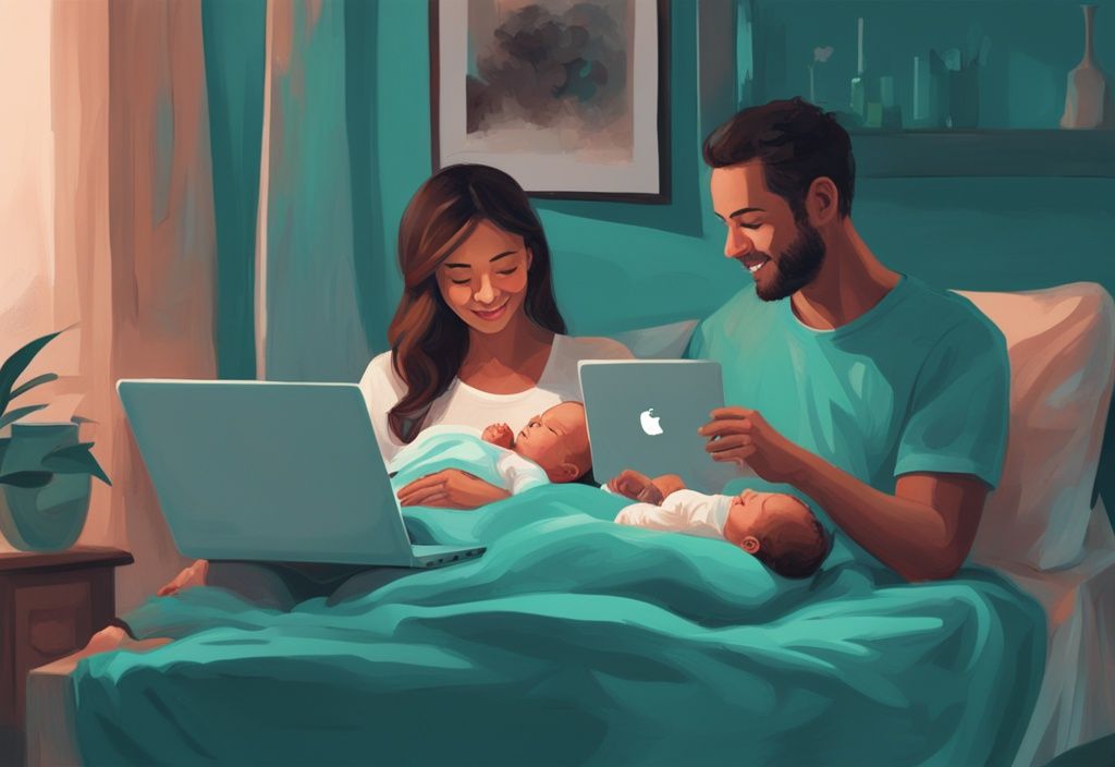 Junge Familie durchsucht Kredit in Elternzeit Optionen auf Laptop, während Neugeborenes friedlich im Kinderbett schläft, moderne digitale Illustration in Teal.