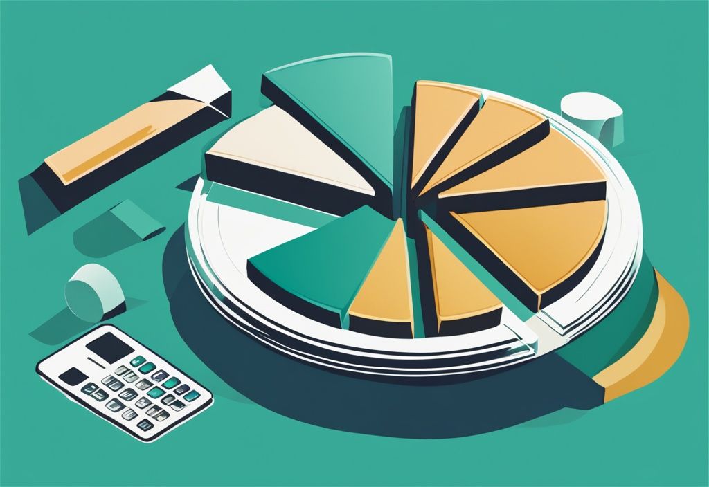 Moderne digitale Illustration in Türkis: Pfeil untersucht ein großes Kreisdiagramm, das verschiedene finanzielle Verpflichtungen zeigt, mit einem auffälligen Abschnitt für den Prozentsatz des Gehalts, der für die Kreditrückzahlung verwendet wird.