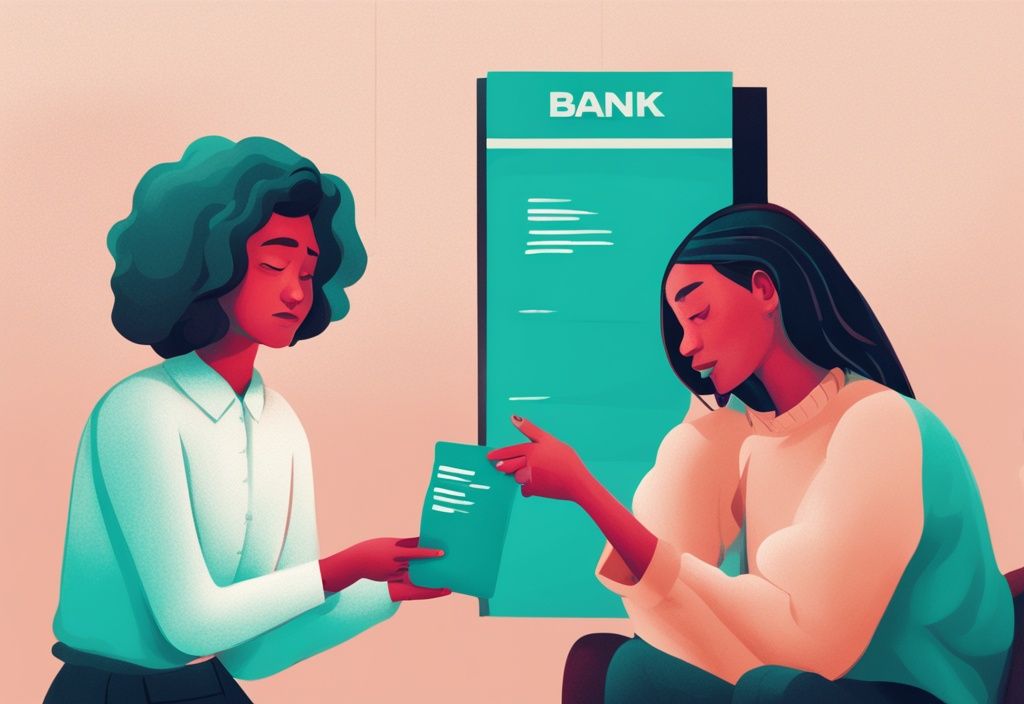 Moderne digitale Illustration mit Hauptfarbe Türkis: Besorgte Person hält Ablehnungsbrief von einer Bank, während eine andere Hand ein freundliches Hilfsangebot von einer anderen Bank mit sanftem Glanz anbietet.