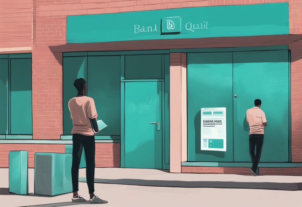 Junger Erwachsener vor einer Bank liest ein Plakat über Kreditwürdigkeit, fragt sich ab wann kann man einen Kredit aufnehmen, digitale moderne Malerei in Teal-Tönen.