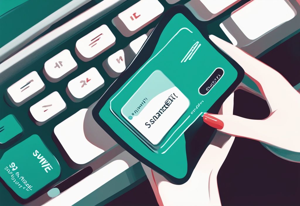 Moderne digitale Illustration in Teal: Hand drückt 'Absenden'-Button auf Online-Zahlungsplattform, zeigt abgeschlossene Rückzahlung einer Santander-Kreditkarte.