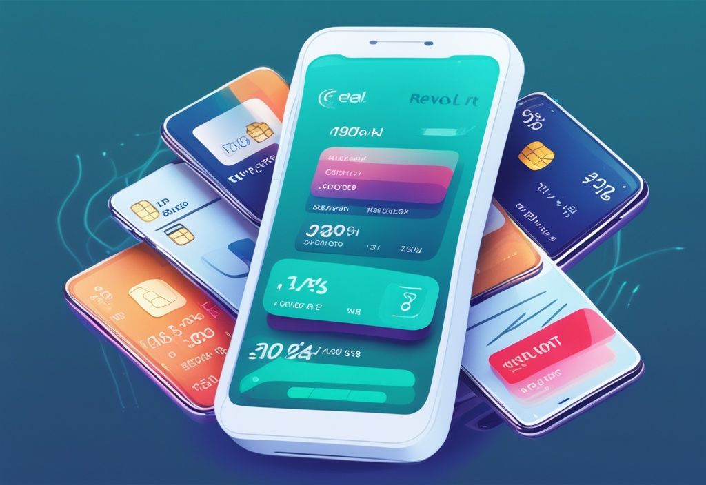 Moderne digitale Illustration mit Teal-Farbschema: Smartphone zeigt Revolut-App mit Symbolen für Kreditwürdigkeit, Ausweisdokumente und Einkommensnachweis, die Kreditvoraussetzungen darstellen.