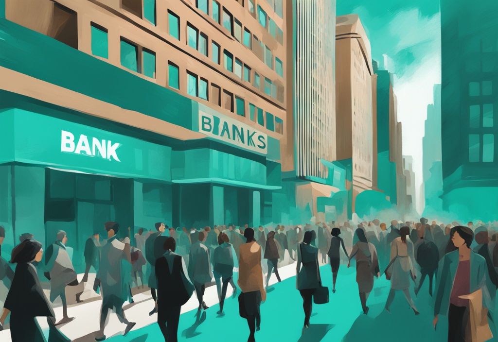 Moderne digitale Illustration mit dem Hauptfarbthema Teal, die Bankgebäude entlang einer belebten Stadtstraße zeigt, während eine vielfältige Menschenmenge auf sie zugeht, was verschiedene Banken symbolisiert, die Kredite vergeben.