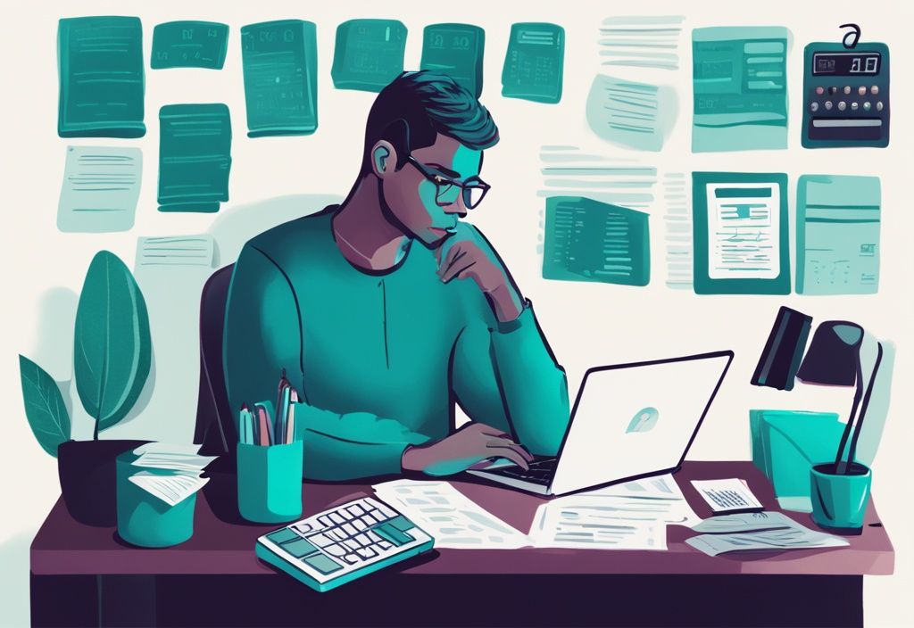 Moderne digitale Illustration einer nachdenklichen Person, umgeben von Finanzdokumenten, einem Taschenrechner und einem Laptop, der eine Kreditwürdigkeit anzeigt, symbolisiert den Prozess, wie viel Kredit kann ich mir leisten.