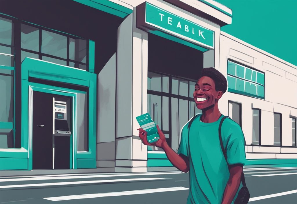 Moderne digitale Illustration in Teal-Farben: Person mit "schlechter Bonität" Schild hält glücklich eine Kreditkarte vor einem Bankgebäude - welche Bank vergibt Kredit bei schlechter Bonität.