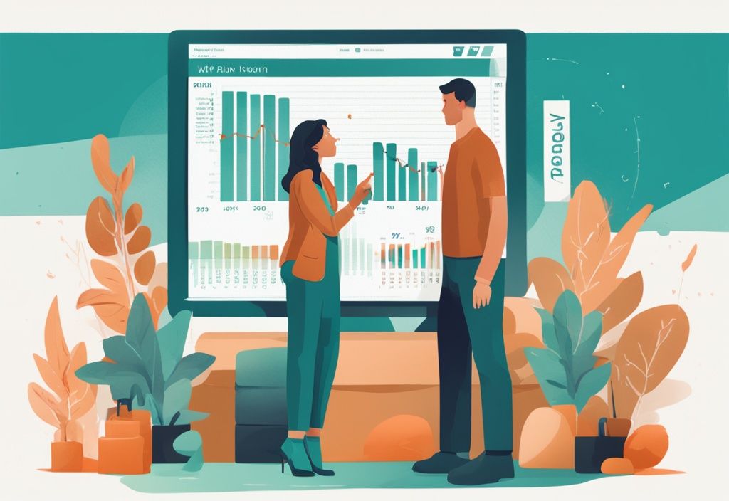 Modernes digitales Gemälde einer erleichterten Paar, das auf einen digitalen Bildschirm mit den Worten "KfW Kredit vorzeitig ablösen" und einem abnehmenden Balkendiagramm ihrer Kreditsumme schaut.