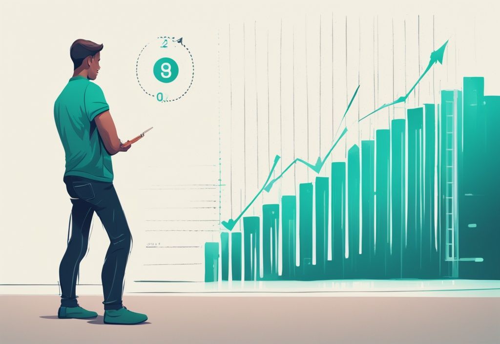 Person betrachtet gespannt ein Wachstumsdiagramm zur Kreditsteigerung im Laufe der Zeit, Auxmoney-Logo in der Ecke, ab wann kann man bei Auxmoney Kredit aufstocken.