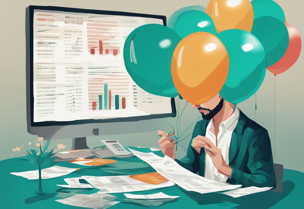 Moderne digitale Illustration in Türkis: Person analysiert ein Finanzdokument mit einem Nettoeinkommen von 5000, umgeben von verschiedenen Kreditmöglichkeiten in Form von schwebenden Ballons.