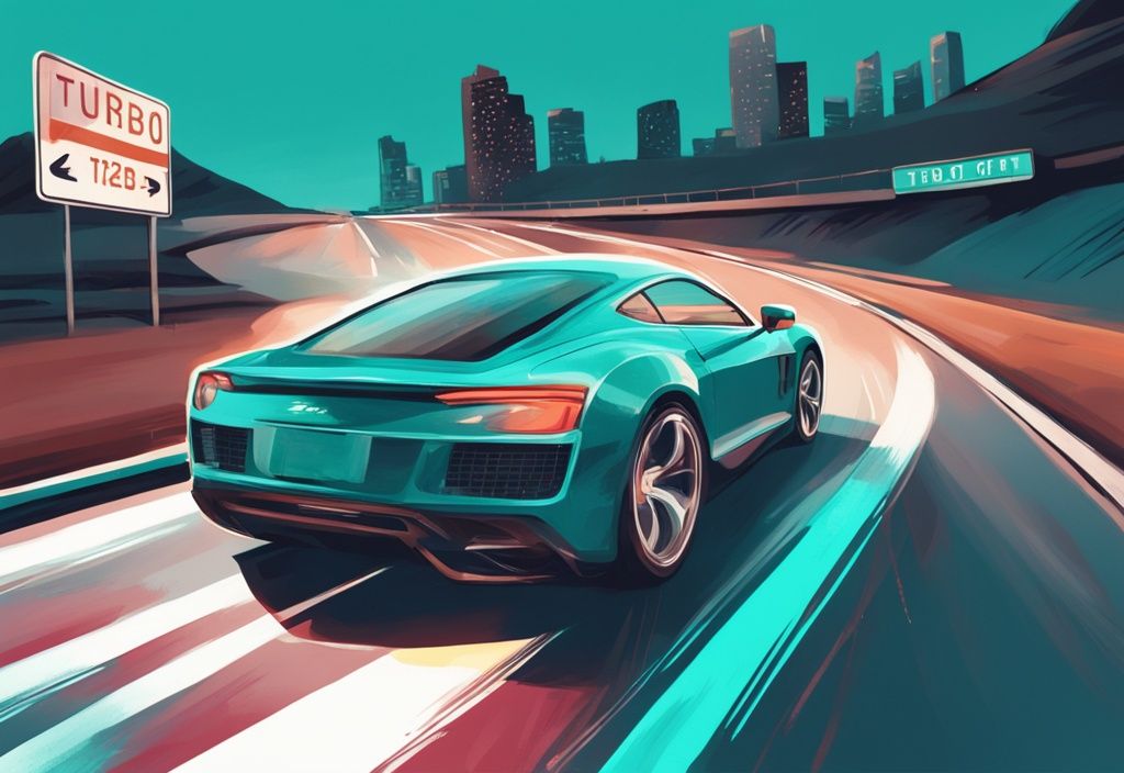 Moderne digitale Illustration eines Sportwagens mit dem Kennzeichen "Turbo Kredit", der auf einer Autobahn aus Kreditkarten fährt, Hauptfarbe ist Türkis.