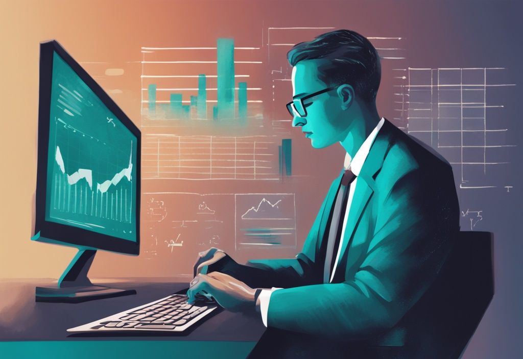 Person analysiert Finanzdiagramme und Daten auf einem Computerbildschirm, Schwerpunkt auf Krediten auf Wertpapiere, modernes digitales Gemälde, Hauptfarbe Teal.