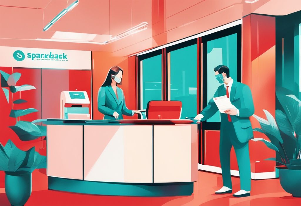 Moderne digitale Illustration: Person übergibt wesentliche Kreditdokumente an einen Sparkassenvertreter in einem lebhaften, professionell gestalteten Bankbüro - was braucht man für einen Kredit bei der Sparkasse.