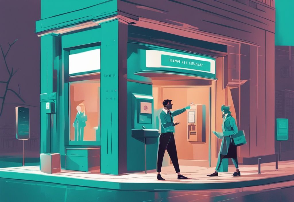 Moderne digitale Illustration in Teal-Tönen von zwei Personen vor einer Bank, eine erklärt der anderen anhand eines Schaubilds die Funktionsweise eines Kredits.