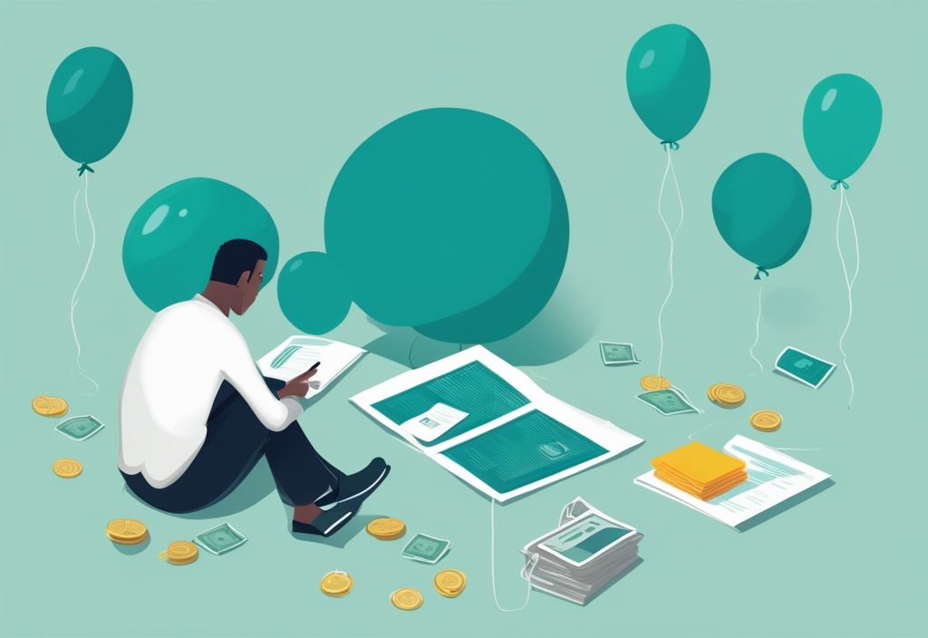 Moderne digitale Illustration einer Person, die ein Finanzdokument mit einem Nettoeinkommen von 5000 analysiert, umgeben von verschiedenen Kreditmöglichkeiten dargestellt durch schwebende Kreditballons, Hauptfarbthema Teal.