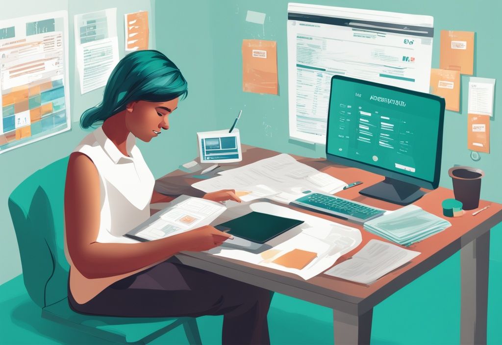 Moderne digitale Illustration in Teal-Farben: Person am Schreibtisch mit Targobank-Logo, überprüft eine Checkliste für Kreditanforderungen, umgeben von einem Taschenrechner, Einkommensnachweisen, Kreditberichten und einem Computerbildschirm mit geöffneter Targobank-Website.