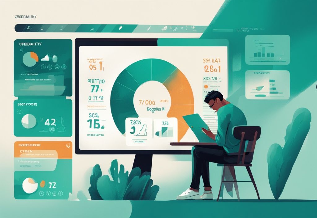 Moderne digitale Illustration eines jungen Mannes, der ein Infografik über Kredit-Eignung, Indikatoren für eine gute Kreditwürdigkeit und die Bedeutung von Kreditwürdigkeit studiert - was bedeutet Eignung bei Kredit