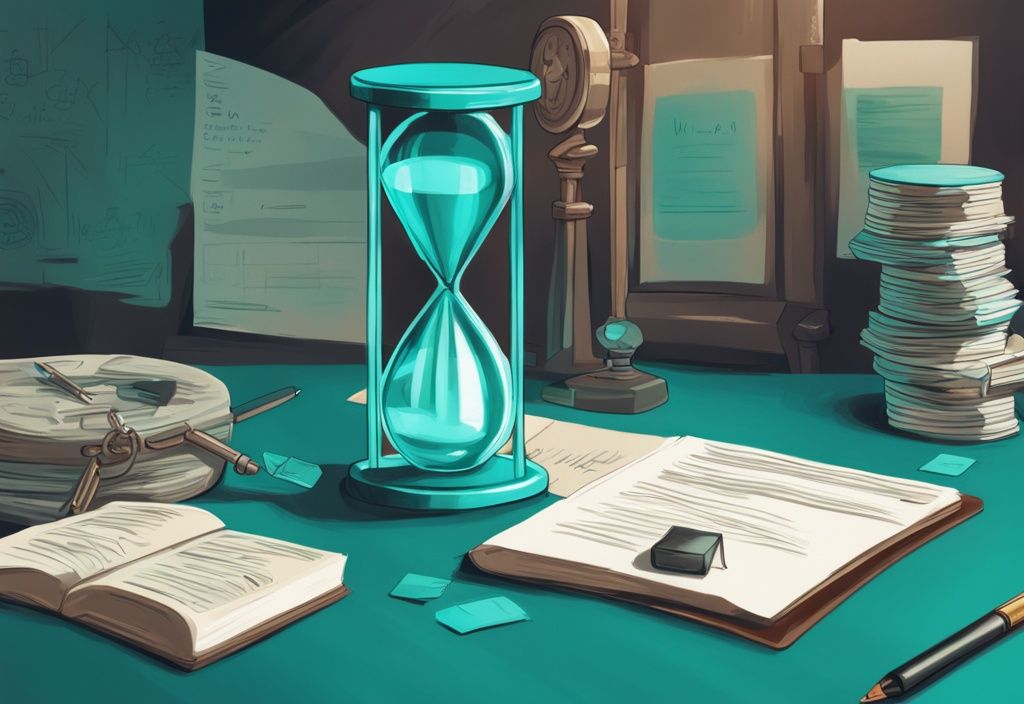 Moderne digitale Illustration mit einem Zeitstrahl, der wichtige Phasen des Kreditantragsprozesses anzeigt, und einer Sanduhr, die die Verweildauer eines abgelehnten Kredits in der Schufa symbolisiert, Hauptfarbthema Teal.