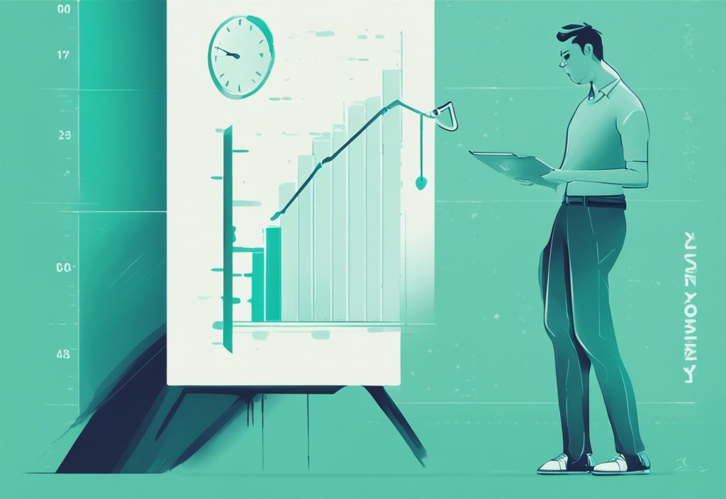 Digitale Illustration einer Person, die gespannt auf ein Wachstumsdiagramm zur Krediterhöhung über die Zeit blickt, mit dem Auxmoney-Logo in der Ecke; ab wann kann man bei Auxmoney Kredit aufstocken.