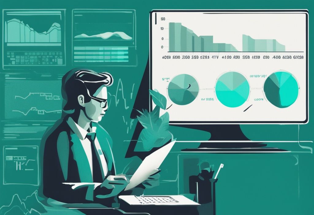 Moderne digitale Illustration in Türkis: Person analysiert Diagramm mit unterschiedlichen Prozentsätzen, symbolisiert verschiedene Zinssätze für Kredite.